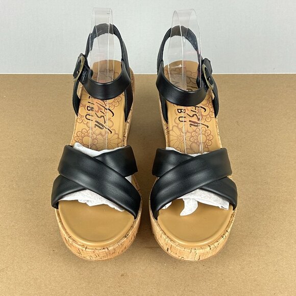 Blowfish Barbados Cork Wedge Sandals Womens 10 Black Ankle Strap Buckle - Picture 2 of 9
